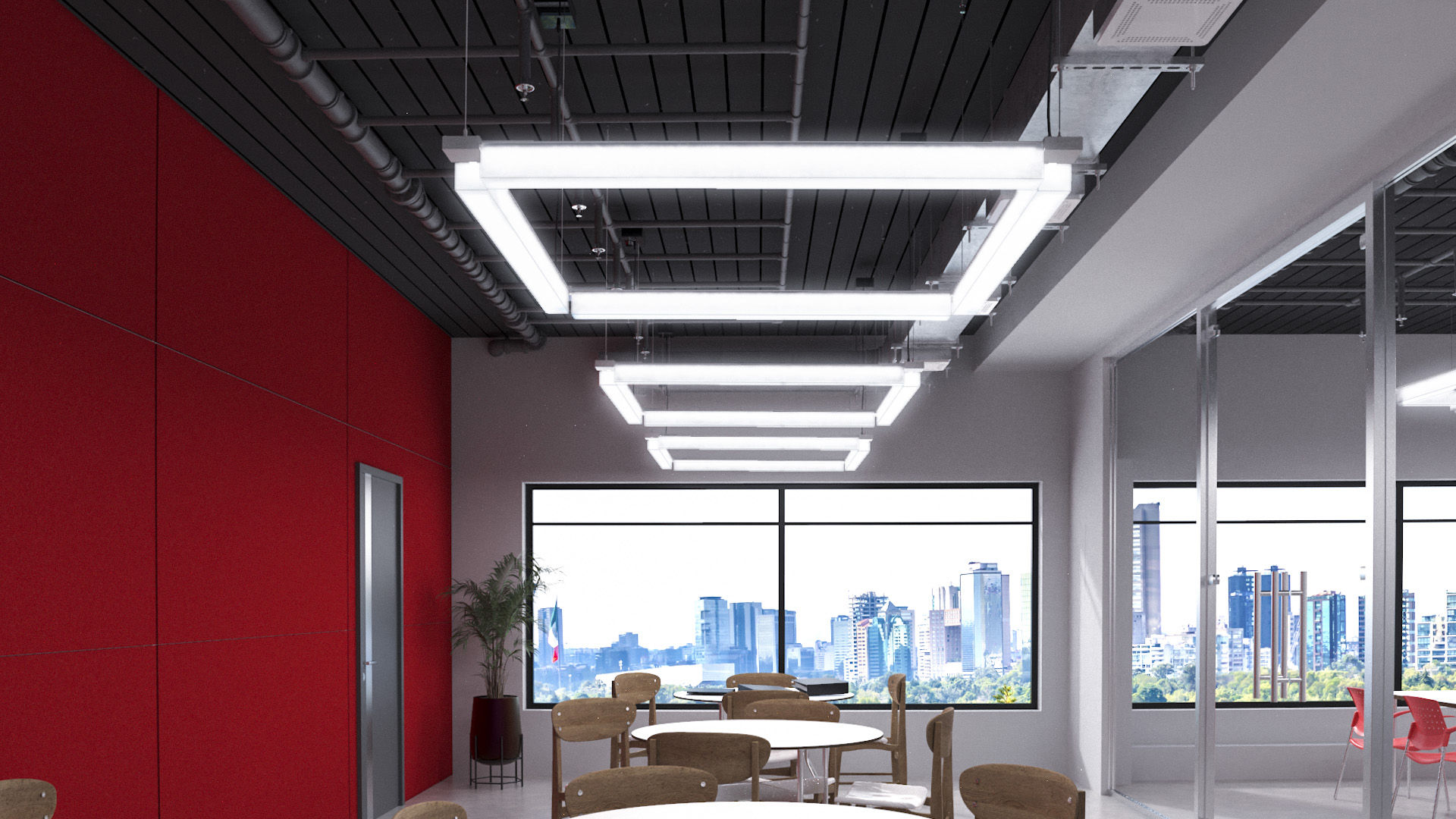 Barbican Lighting Fom Cube Squares Cafeteria